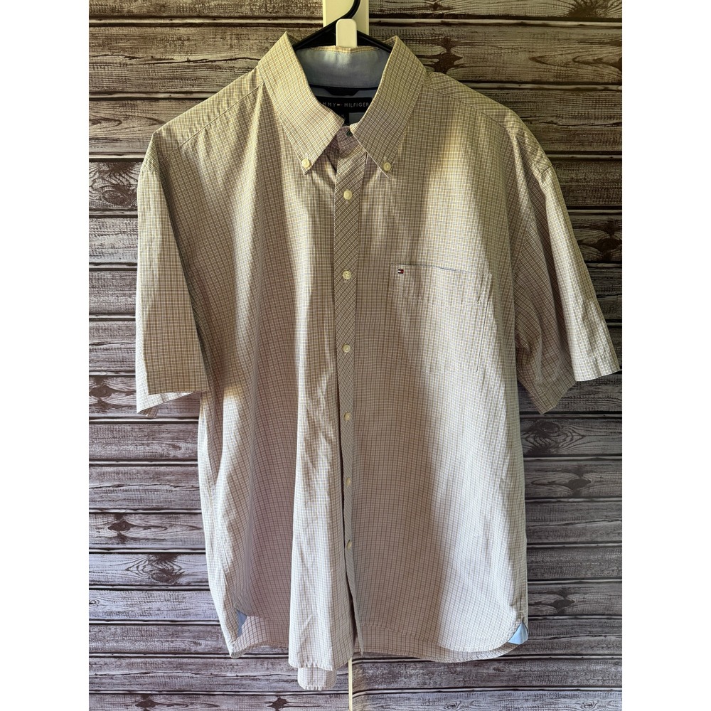 Tommy Hilfiger Men's Short-Sleeved Button-Down Shirt Size L Beige Plaid Logo